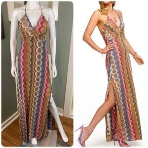Ramy Brook Myrtle Groovy Rainbow Halter Maxi Dress Gown Sweater Metallic Small S